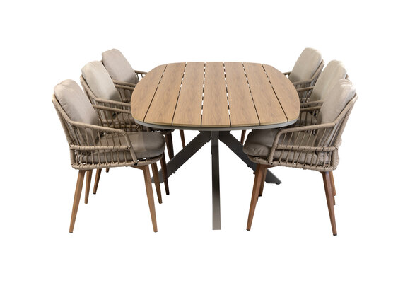 7-delige tuinset | 6 Isabel tuinstoelen (Sand/Wood) | Tuintafel Cadiz 240x115cm (Camel)
