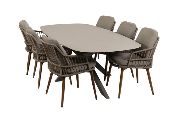 7-delige tuinset | 6 Isabel tuinstoelen (Sand/Wood) | Tuintafel Malaga 240x115cm (Camel)