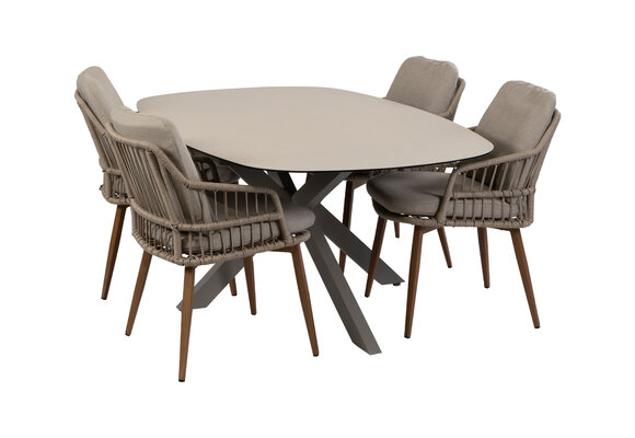 5-delige tuinset | 4 Isabel tuinstoelen (Sand/Wood) | Tuintafel Malaga 180x115cm (Camel)