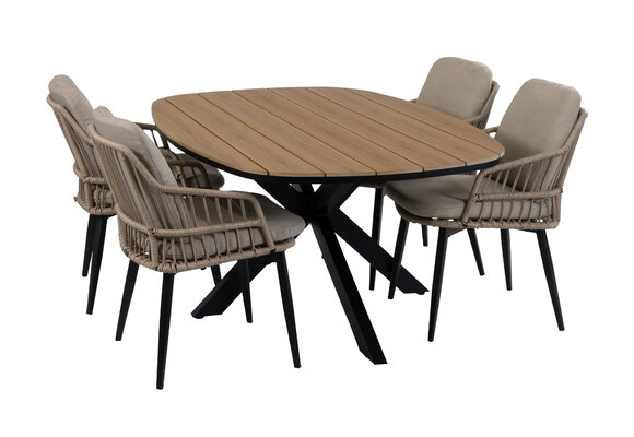 5-delige tuinset | 4 Isabel tuinstoelen (Sand) | Tuintafel Cadiz 180x115cm (Black)