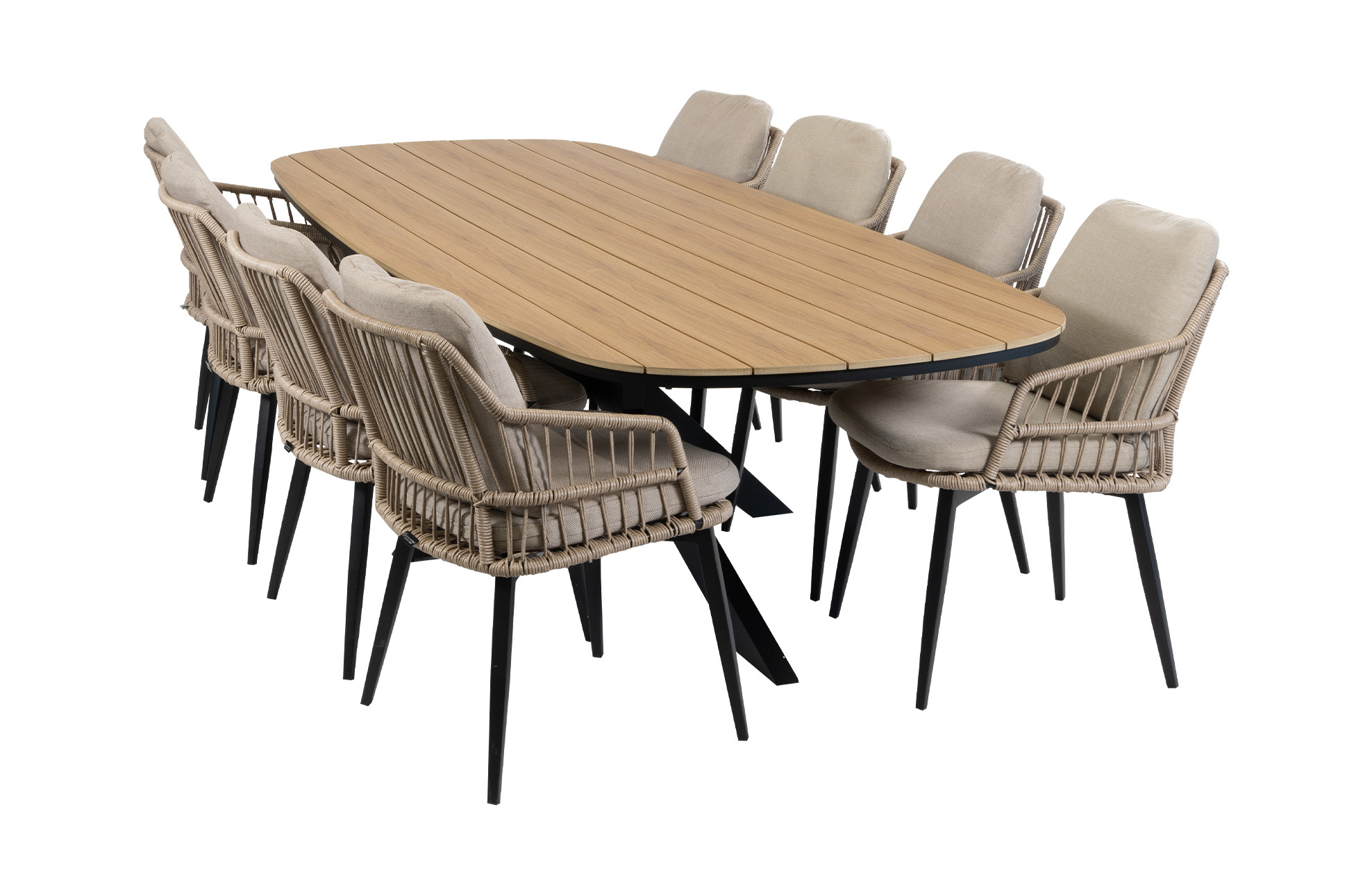 Normin 9-delige tuinset | 8 Isabel tuinstoelen (Sand) | Tuintafel Cadiz 280x115cm (Black(