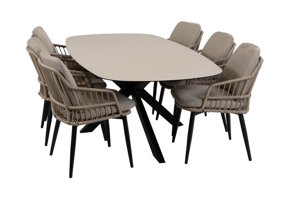 7-delige tuinset | 6 Isabel tuinstoelen (Sand) | Tuintafel Malaga 240x115cm (Black)