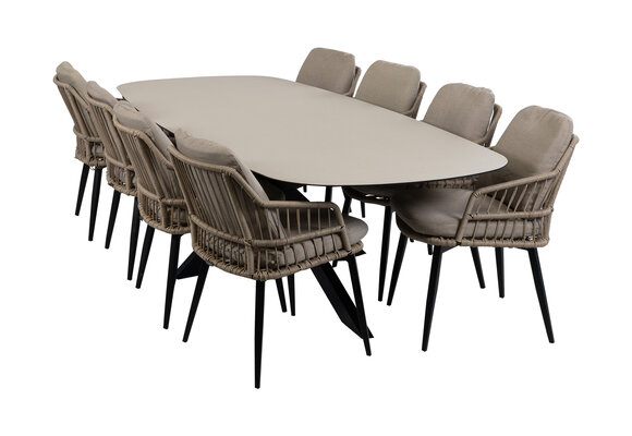 9-delige tuinset | 8 Isabel tuinstoelen (Sand) | Tuintafel Malaga 280x115cm (Black)