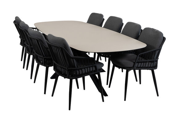9-delige tuinset | 8 Isabel tuinstoelen (Black) | Tuintafel Malaga 280x115cm (Black)
