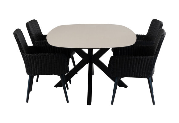 5-delige tuinset | 4 Pisa tuinstoelen (Black) | Tuintafel Malaga 180x115cm (Black)