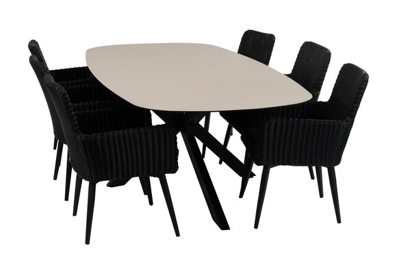 7-delige tuinset | 6 Pisa tuinstoelen (Black) | Tuintafel Malaga 240x115cm (Black)