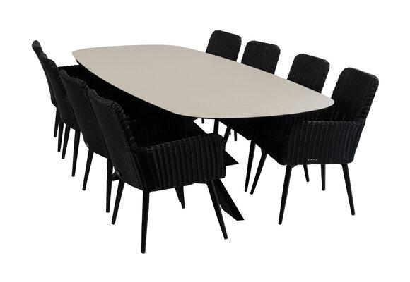 9-delige tuinset | 8 Pisa tuinstoelen (Black) | Tuintafel Malaga 280x115cm (black)