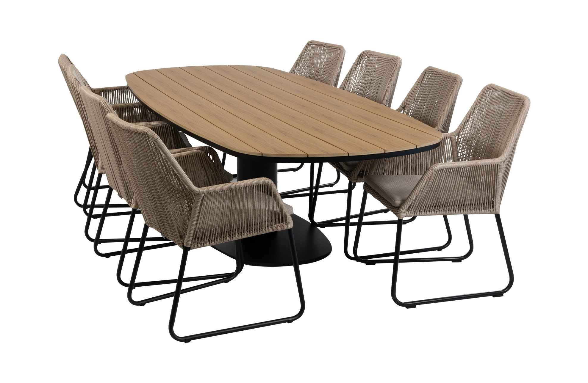 Normin 9-delige tuinset | 8 Mona tuinstoelen (Sand) | Tuintafel Tower 260cm (Black)