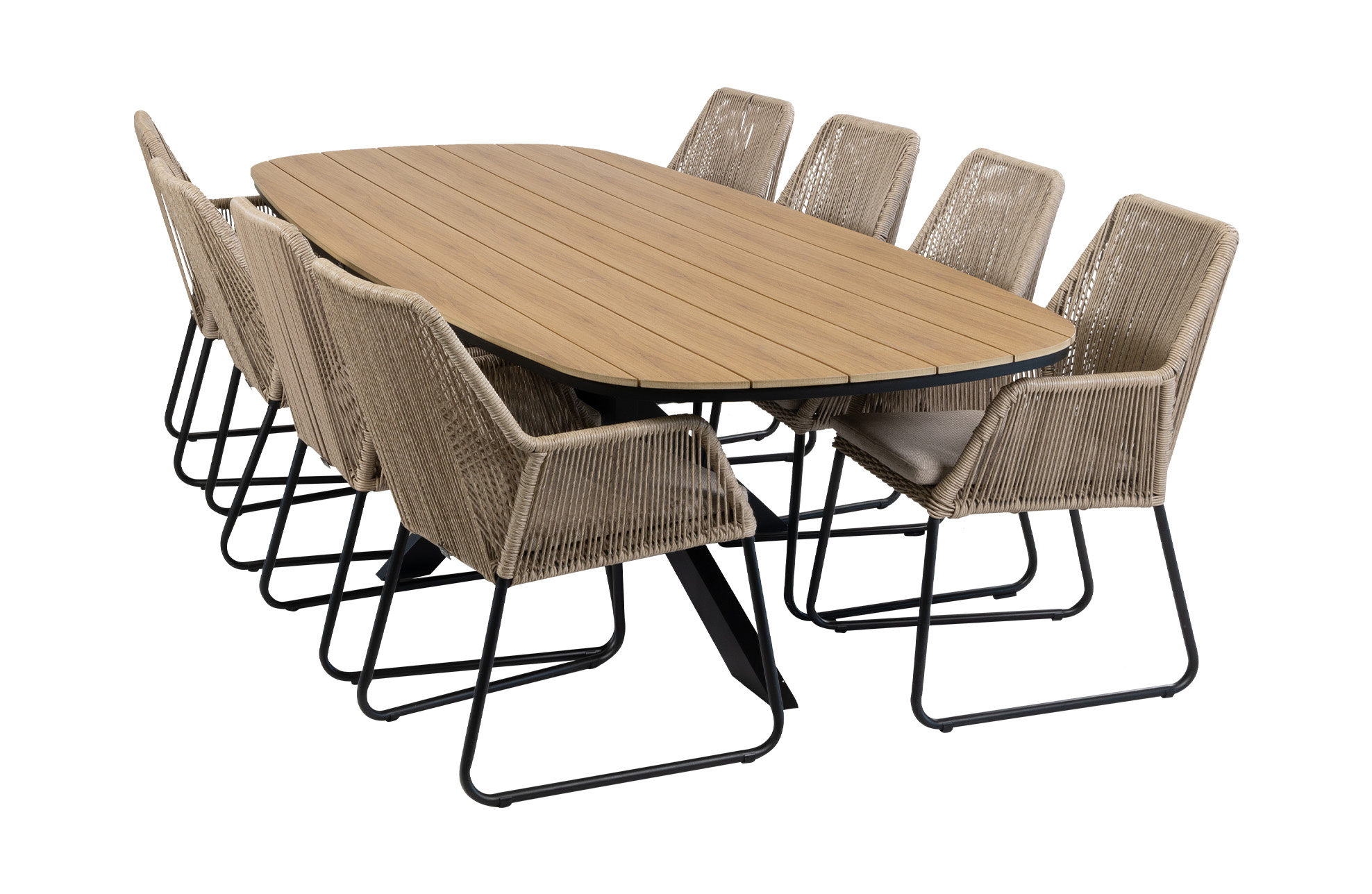 Normin 9-delige tuinset | 8 Mona tuinstoelen (Sand) | Tuintafel Cadiz 280x115cm (Black)