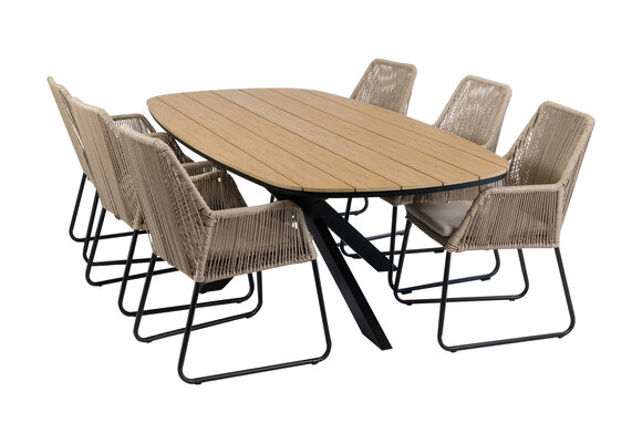 7-delige tuinset | 6 Mona tuinstoelen (Sand) | Tuintafel Cadiz 240x115cm (Black)