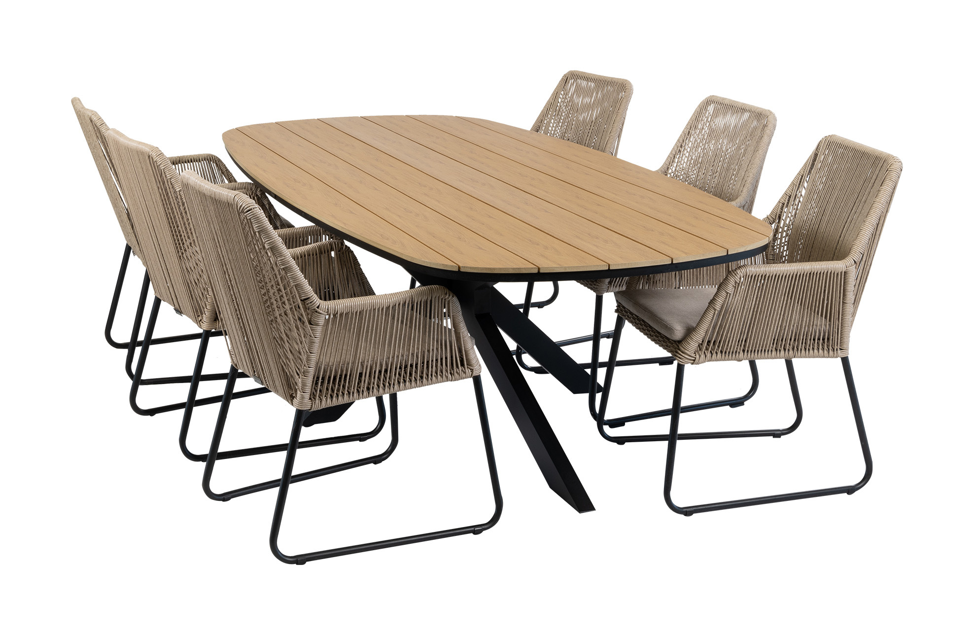 Normin 7-delige tuinset | 6 Mona tuinstoelen (Sand) | Tuintafel Cadiz 240x115cm (Black)