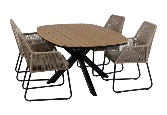 5-delige tuinset | 4 Mona tuinstoelen (Sand) | Tuintafel Cadiz 180x115cm (Black)