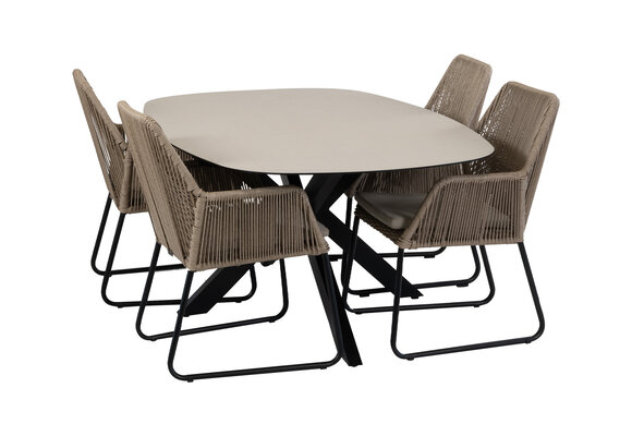 5-delige tuinset | 4 Mona tuinstoelen (Sand) | Tuintafel Malaga 180x115cm (Black)
