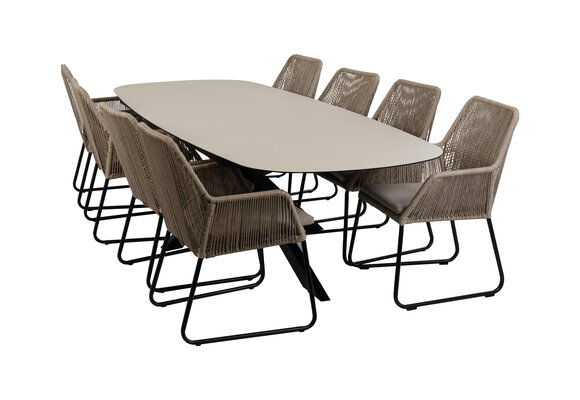 9-delige tuinset | 8 Mona tuinstoelen (Sand) | Tuintafel Malaga 280x115cm (Black)