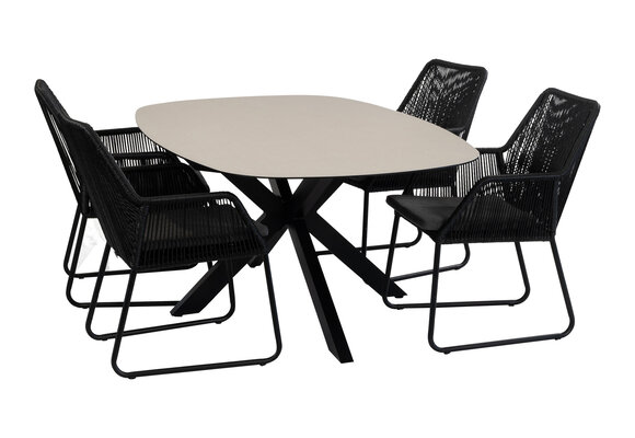 5-delige tuinset | 4 Mona tuinstoelen (Black) | Tuintafel Malaga 180x115 cm (Black)