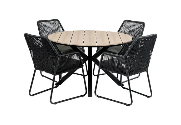 4 Seizoenen Tuinmeubelen 5-delige ronde tuinset | 4 Mona tuinstoelen (Black) | ⌀120cm Cyprus tuintafel (Wood)