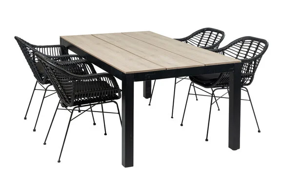 4 Seizoenen Tuinmeubelen 5-delige tuinset | 4 Oslo dining tuinstoelen (Black) | 160cm Cyprus tuintafel (Wood)