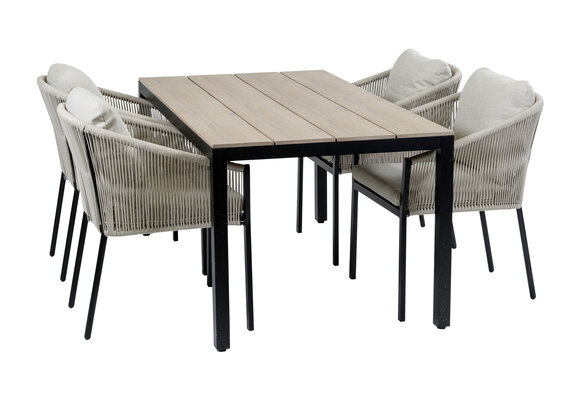 5-delige tuinset | 4 Elvira tuinstoelen (Black) | Tuintafel Cyprus 160x90cm (Wood)