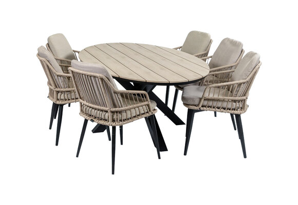 7-delige tuinset | 6 Isabel stoelen (Sand) | 220cm ovale Cyprus tuintafel (Wood)