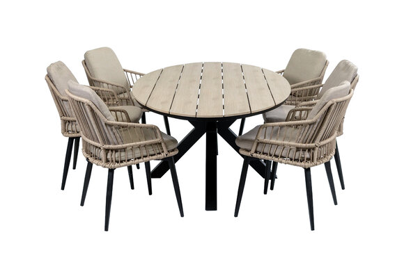 7-delige tuinset | 6 Isabel stoelen (Sand) | 220cm ovale Cyprus tuintafel (Wood)
