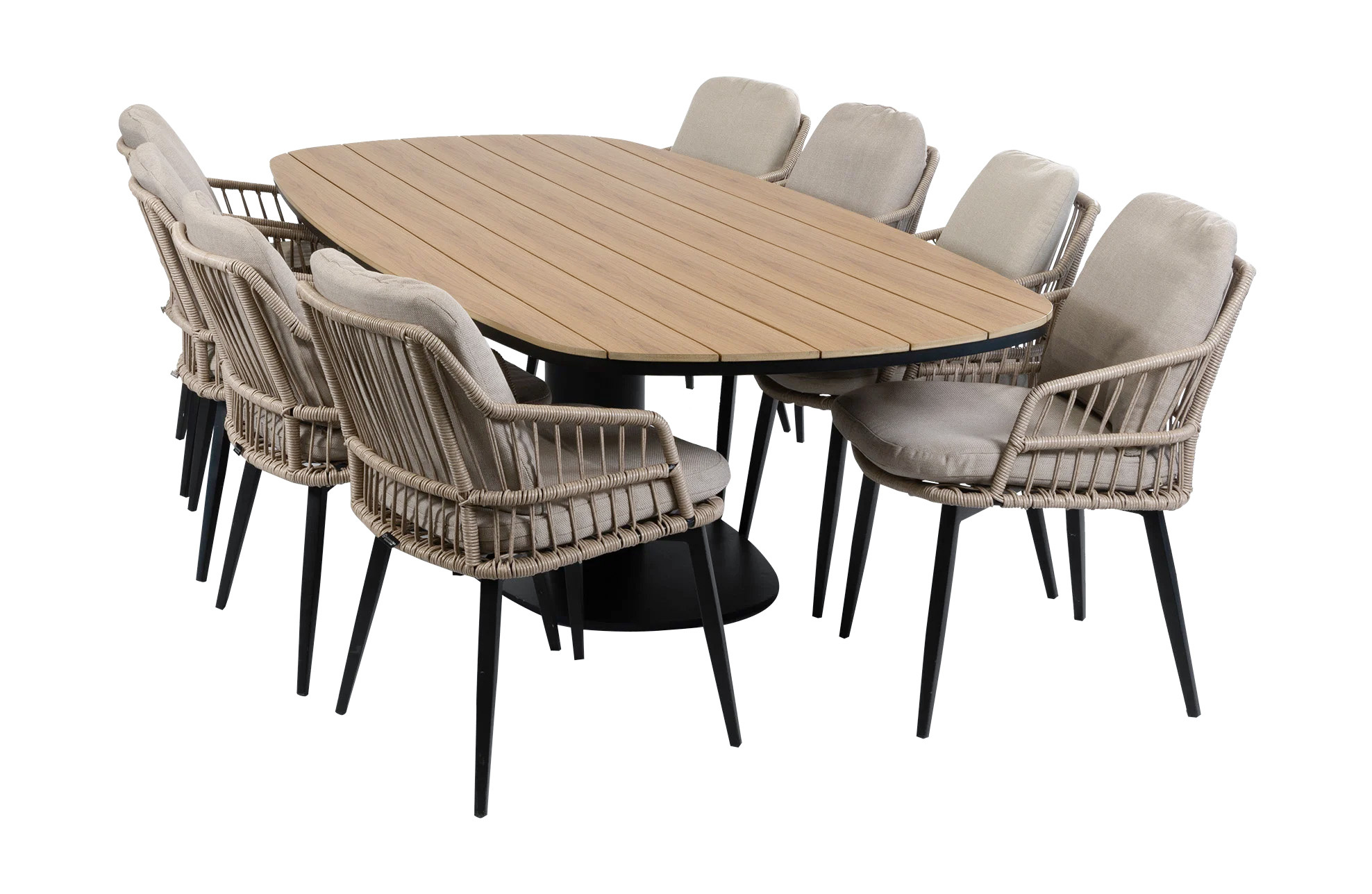 Normin 9-delige tuinset | 8 Isabel tuinstoelen (Sand) | 260cm Tower tuintafel (Black)
