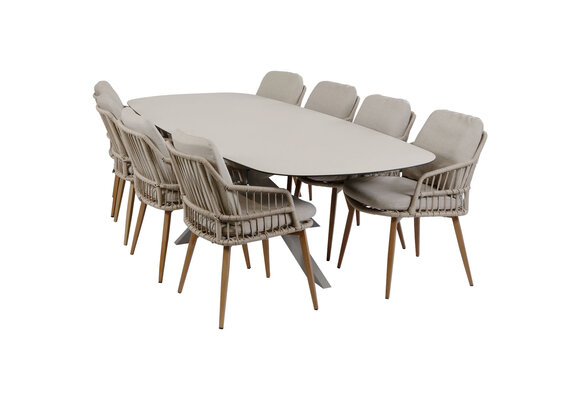 9-delige tuinset | 8 Isabel tuinstoelen (Sand/Wood) | Tuintafel Malaga 280x115cm (Camel)