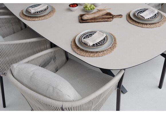 7-delige tuinset | 6 Mona tuinstoelen (Sand) | Tuintafel Malaga 240x115cm (Black)