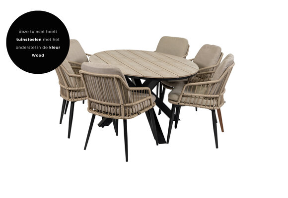 7-delige tuinset | 6 Isabel tuinstoelen (sand/wood) | 220cm ovale Cyprus tuintafel (Wood)