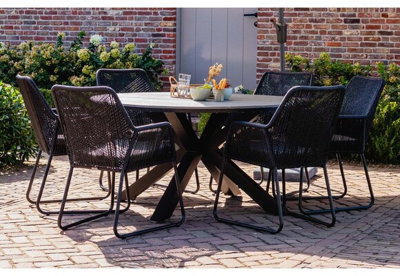 7-delige ronde tuinset | 6 Oslo dining tuinstoelen (Black) | ⌀ 150cm Cyprus tuintafel (Grey)