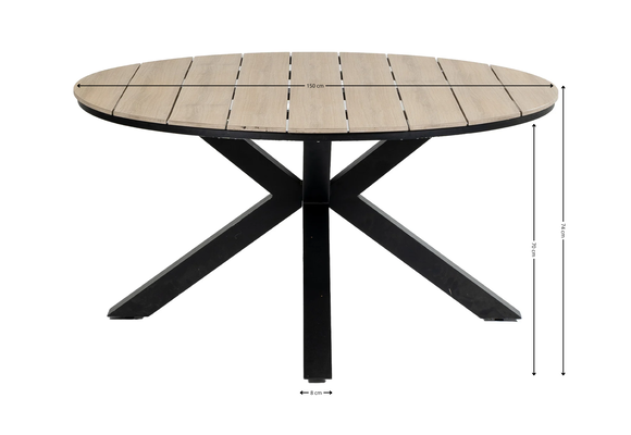 7-delige ronde tuinset | 6 Elvira tuinstoelen (Black) | Tuintafel Cyprus ø150cm (Wood)