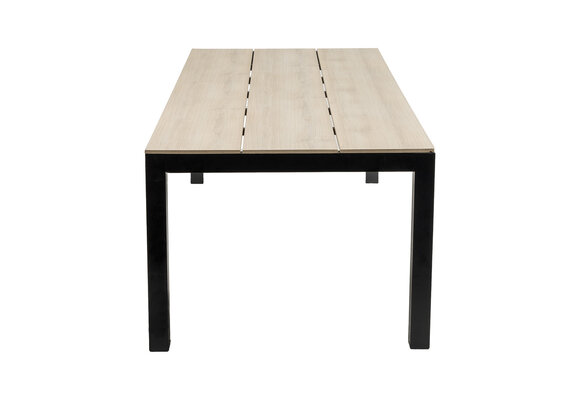 5-delige tuinset | 4 Delia stapelbare tuinstoelen (Black) | 180cm Cyprus tuintafel (Wood)