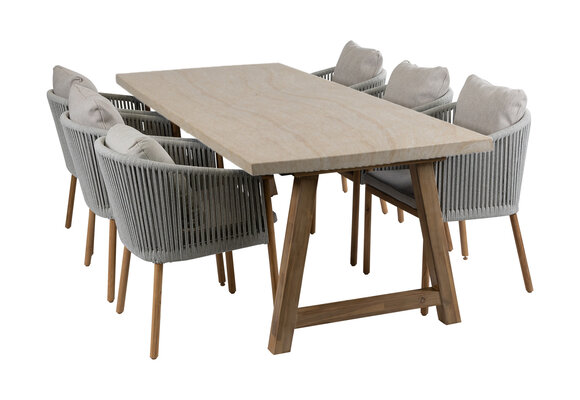 7-delige tuinset | 6 Es Vedra tuinstoelen (Teakhout) | Tuintafel Rock 235x95cm (Travertin)
