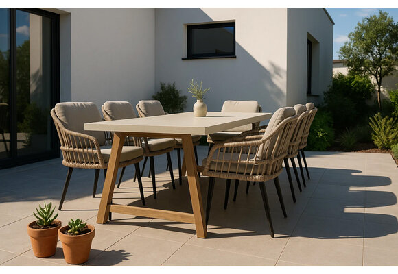 7-delige tuinset | 6 Isabel tuinstoelen (Sand/Black) | Tuintafel Rock 235x95 cm (Sand)