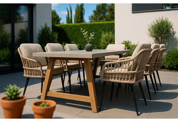 7-delige tuinset | 6 Isabel tuinstoelen (Sand/Black) | Tuintafel Rock 235x95 cm (Beton)