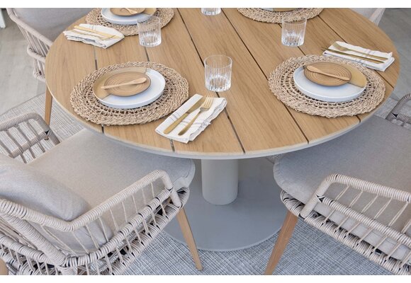 5-delige ronde tuinset | 4 Isabel tuinstoelen (Sand/Wood) | Tuintafel Tower ø120cm (Camel)