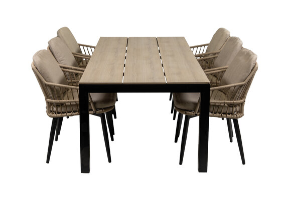 7-delige tuinset | 6 Isabel stoelen (Sand) | 225cm Cyprus tuintafel (Wood)