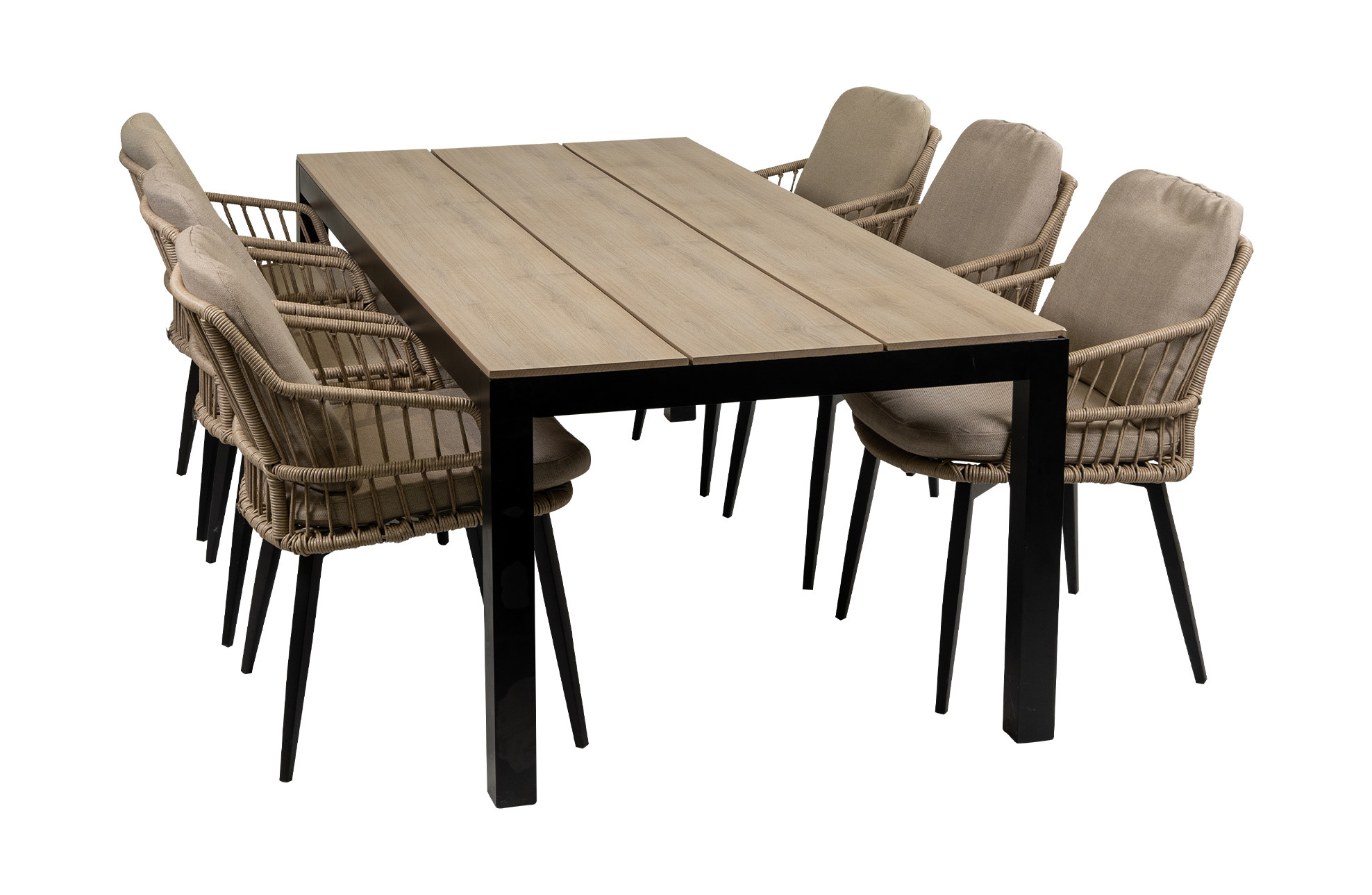 4 Seizoenen Tuinmeubelen 7-delige tuinset | 6 Isabel stoelen (Sand) | 225cm Cyprus tuintafel (Wood)