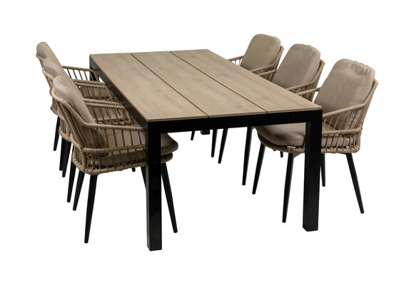 7-delige tuinset | 6 Isabel stoelen (Sand) | 225cm Cyprus tuintafel (Wood)