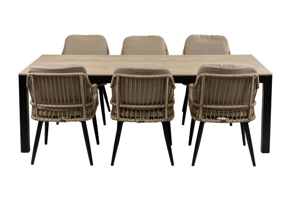 7-delige tuinset | 6 Isabel stoelen (Sand) | 225cm Cyprus tuintafel (Wood)