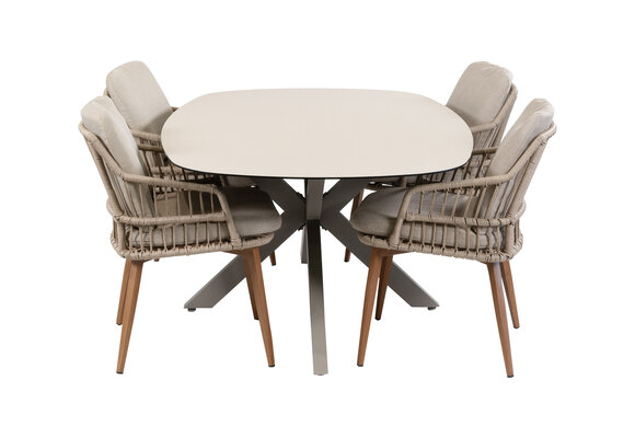 5-delige tuinset | 4 Isabel tuinstoelen (Sand/Wood) | Tuintafel Malaga 180x115cm (Camel)