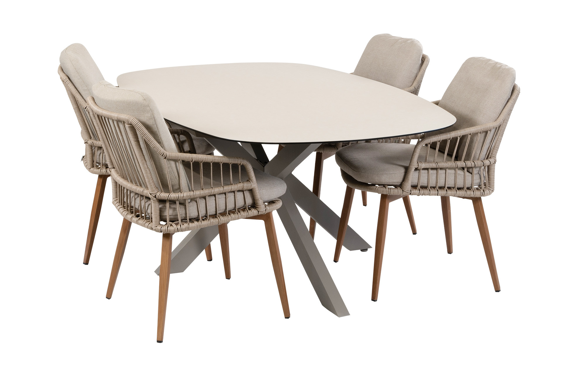 Normin 5-delige tuinset | 4 Isabel tuinstoelen (Sand/Wood) | Tuintafel Malaga 180x115cm (Camel)