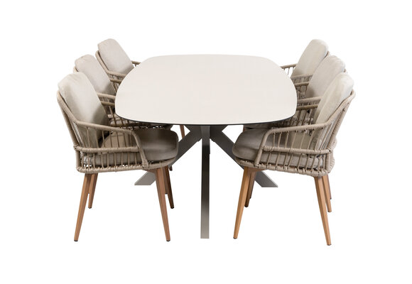 7-delige tuinset | 6 Isabel tuinstoelen (Sand/Wood) | Tuintafel Malaga 240x115cm (Camel)