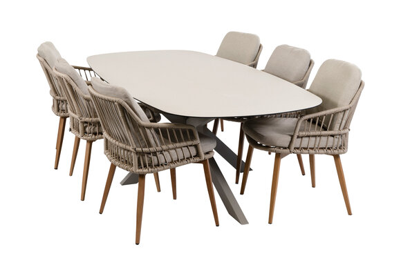 7-delige tuinset | 6 Isabel tuinstoelen (Sand/Wood) | Tuintafel Malaga 240x115cm (Camel)