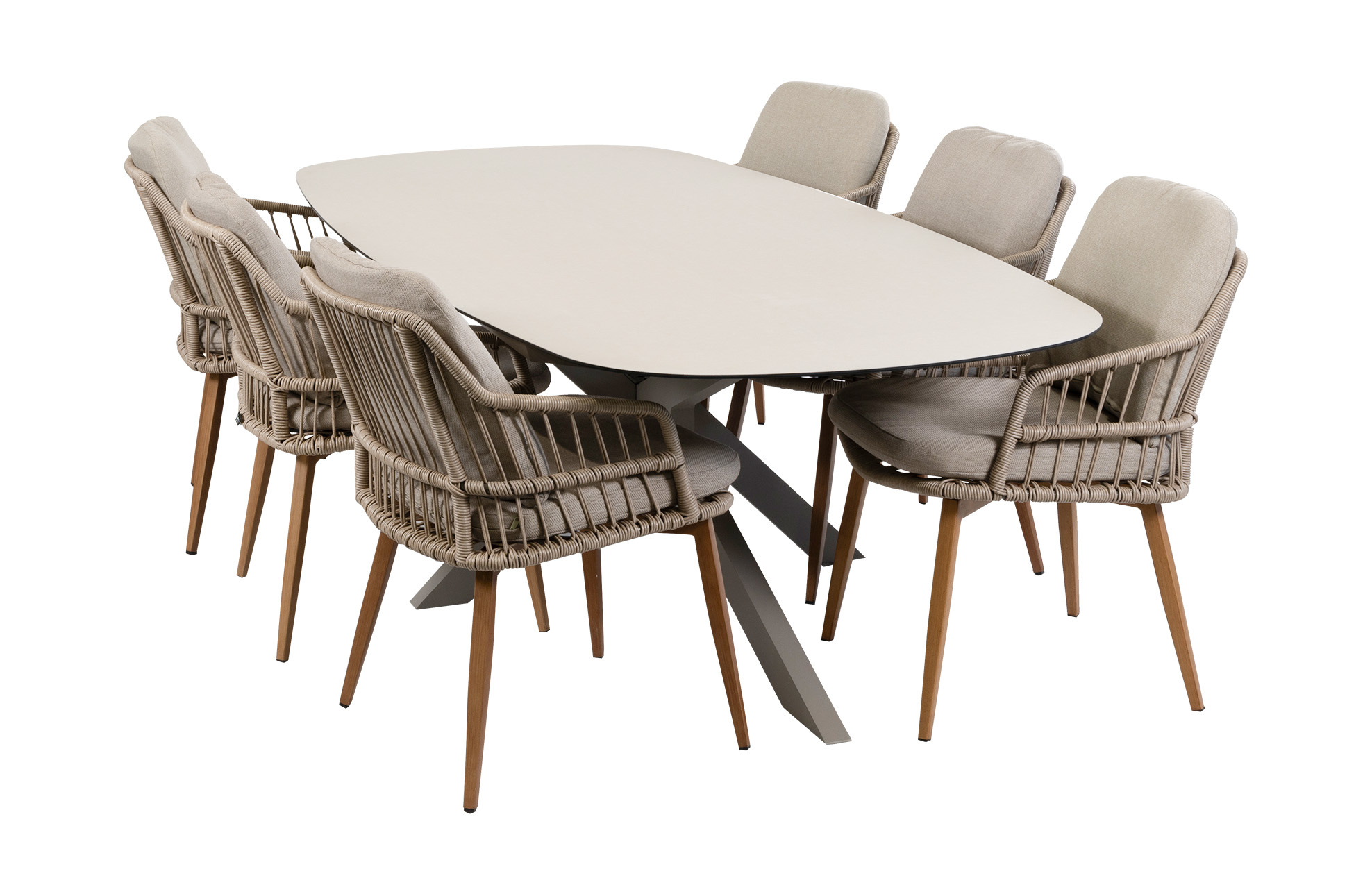 Normin 7-delige tuinset | 6 Isabel tuinstoelen (Sand/Wood) | Tuintafel Malaga 240x115cm (Camel)