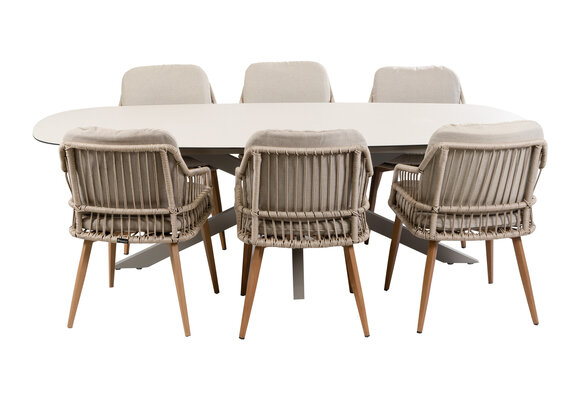 7-delige tuinset | 6 Isabel tuinstoelen (Sand/Wood) | Tuintafel Malaga 240x115cm (Camel)