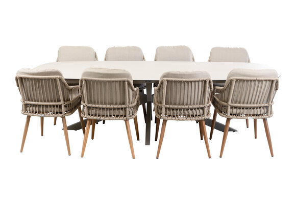 9-delige tuinset | 8 Isabel tuinstoelen (Sand/Wood) | Tuintafel Malaga 280x115cm (Camel)