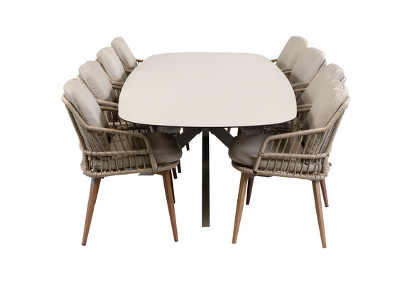 9-delige tuinset | 8 Isabel tuinstoelen (Sand/Wood) | Tuintafel Malaga 280x115cm (Camel)