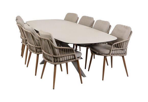 9-delige tuinset | 8 Isabel tuinstoelen (Sand/Wood) | Tuintafel Malaga 280x115cm (Camel)