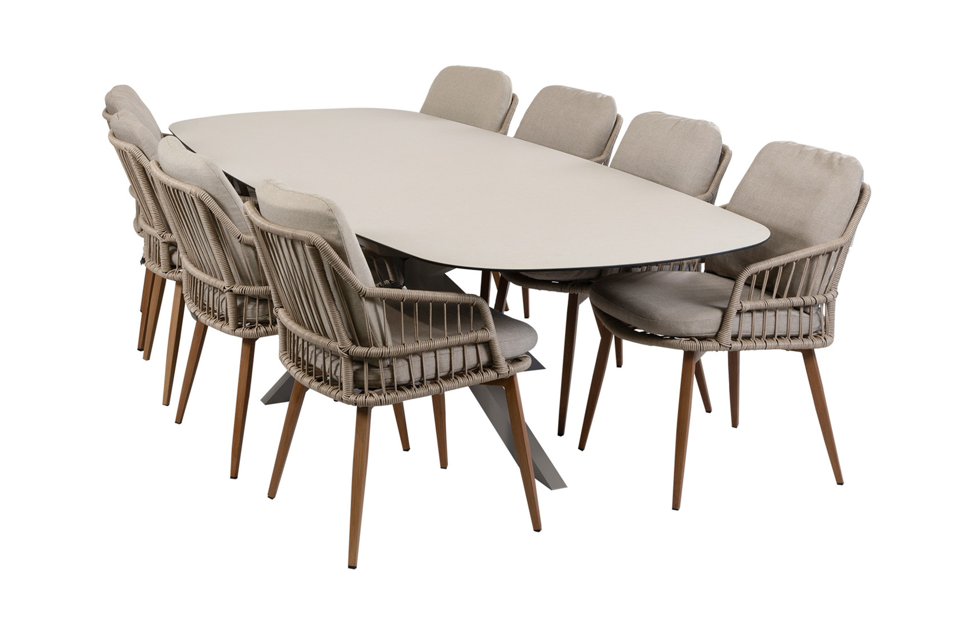 Normin 9-delige tuinset | 8 Isabel tuinstoelen (Sand/Wood) | Tuintafel Malaga 280x115cm (Camel)