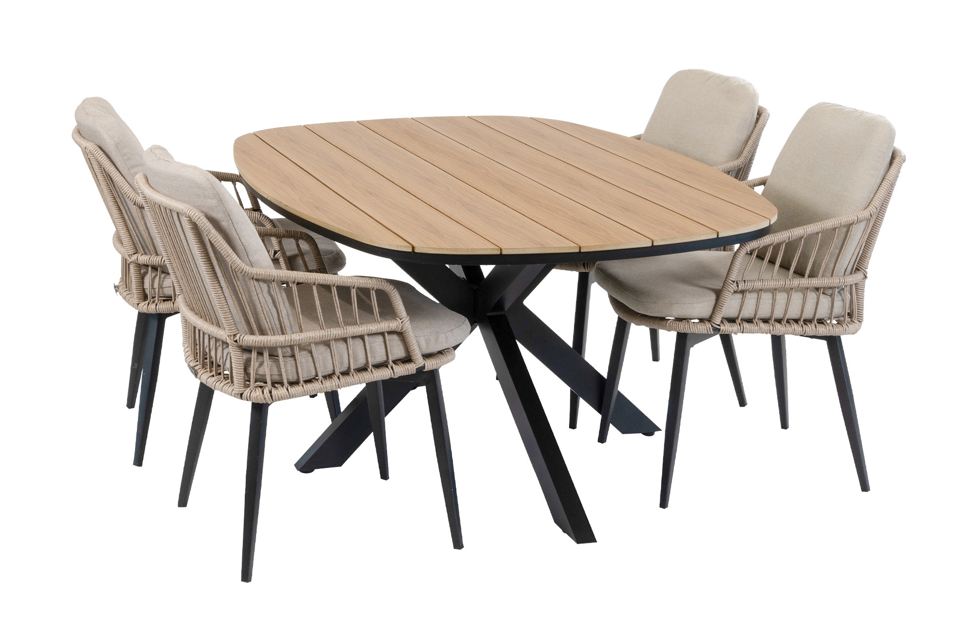 Normin 5-delige tuinset | 4 Isabel tuinstoelen (Sand) | Tuintafel Cadiz 180x115cm (Black)